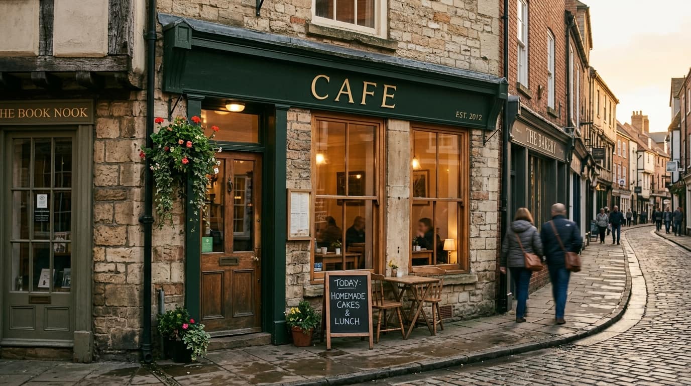 An independent cafe on a Lincoln high street — LWR Group provides commercial property maintenance around your trading hours