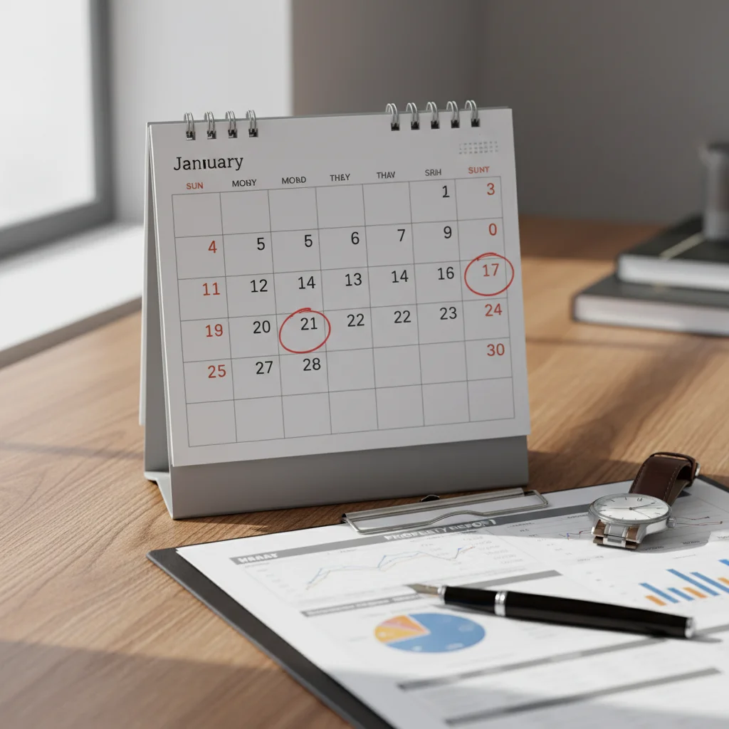 Desktop calendar with a circled date next to a wristwatch and a property report, illustrating the 14-day investigation clock landlords should treat as their operational standard