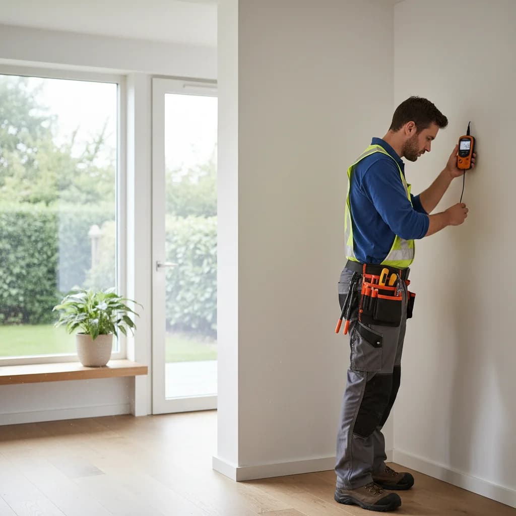 Property surveyor in hi-vis vest holding a moisture meter against a residential wall, the kind of HHSRS-compliant inspection Awaab's Law expects within 14 days of a tenant report