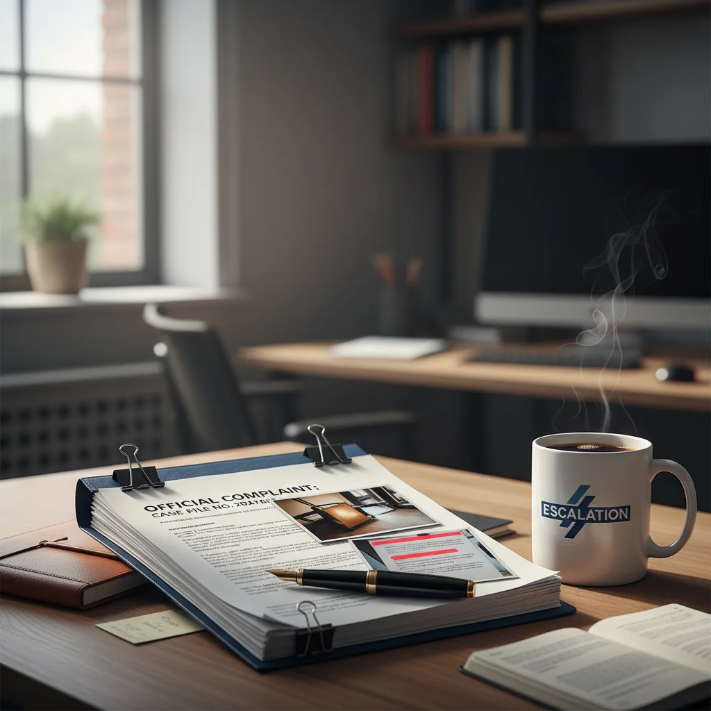 Official complaint dossier on a desk with paperclipped evidence photos, the kind of escalation file a tenant can take to the Housing Ombudsman if a landlord ignores a damp complaint