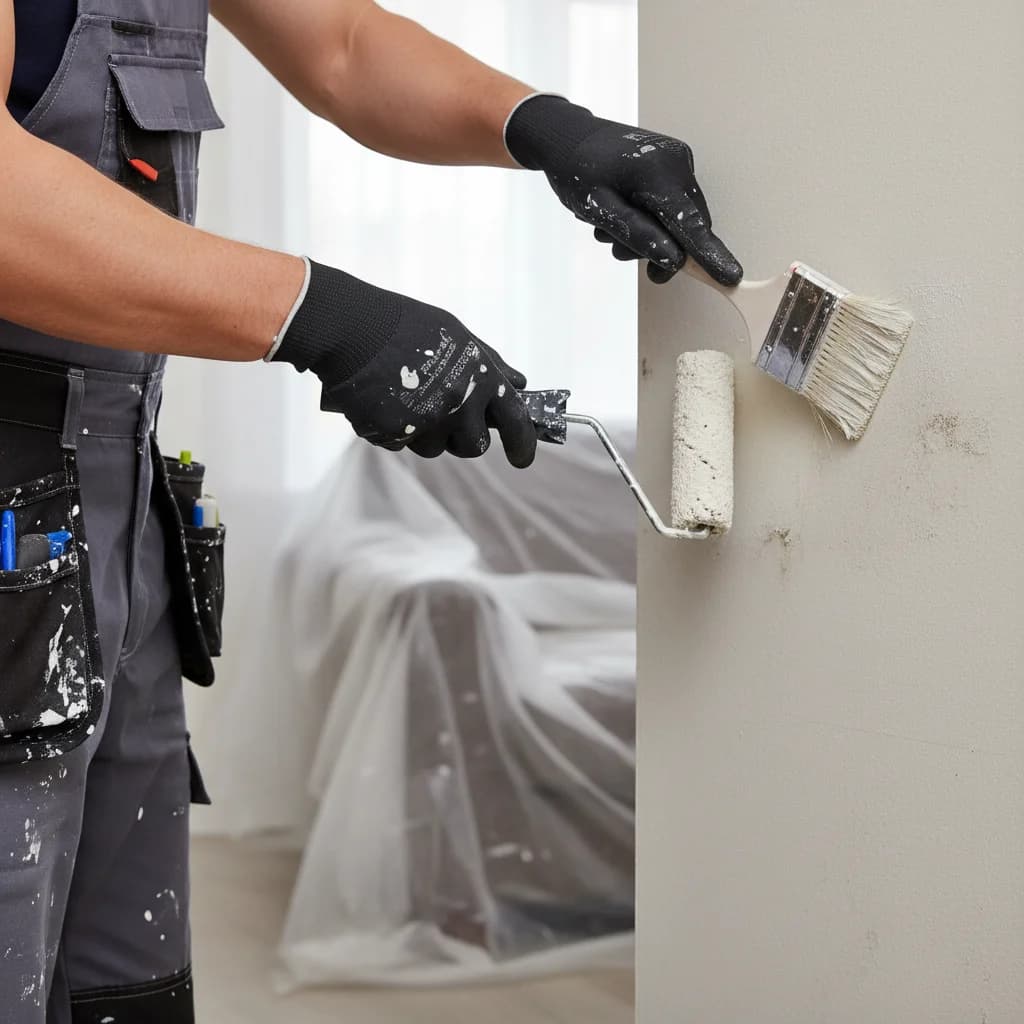 Two tradespeople applying anti-mould treatment to a residential interior wall, the kind of in-house remediation that follows a proper HHSRS-scored survey