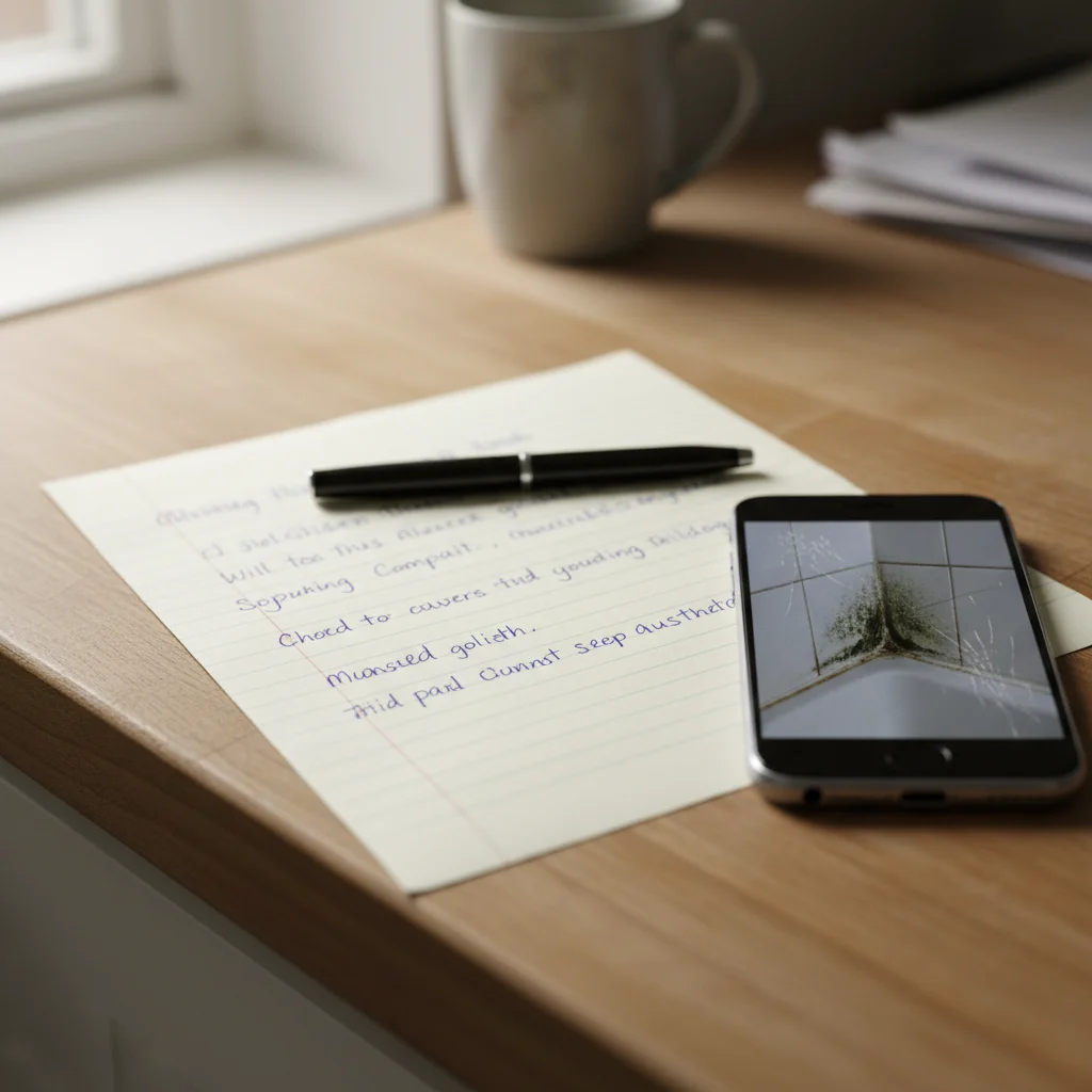 Handwritten tenant complaint letter on a kitchen worktop next to a smartphone showing a photo of mould, the typical trigger that starts the Awaab's Law clock