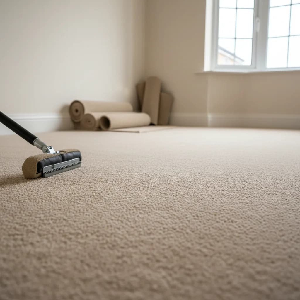 Freshly fitted beige residential carpet in a UK rental bedroom with a fitter's knee-kicker tool nearby, the supply-and-fit job many landlords face between tenancies