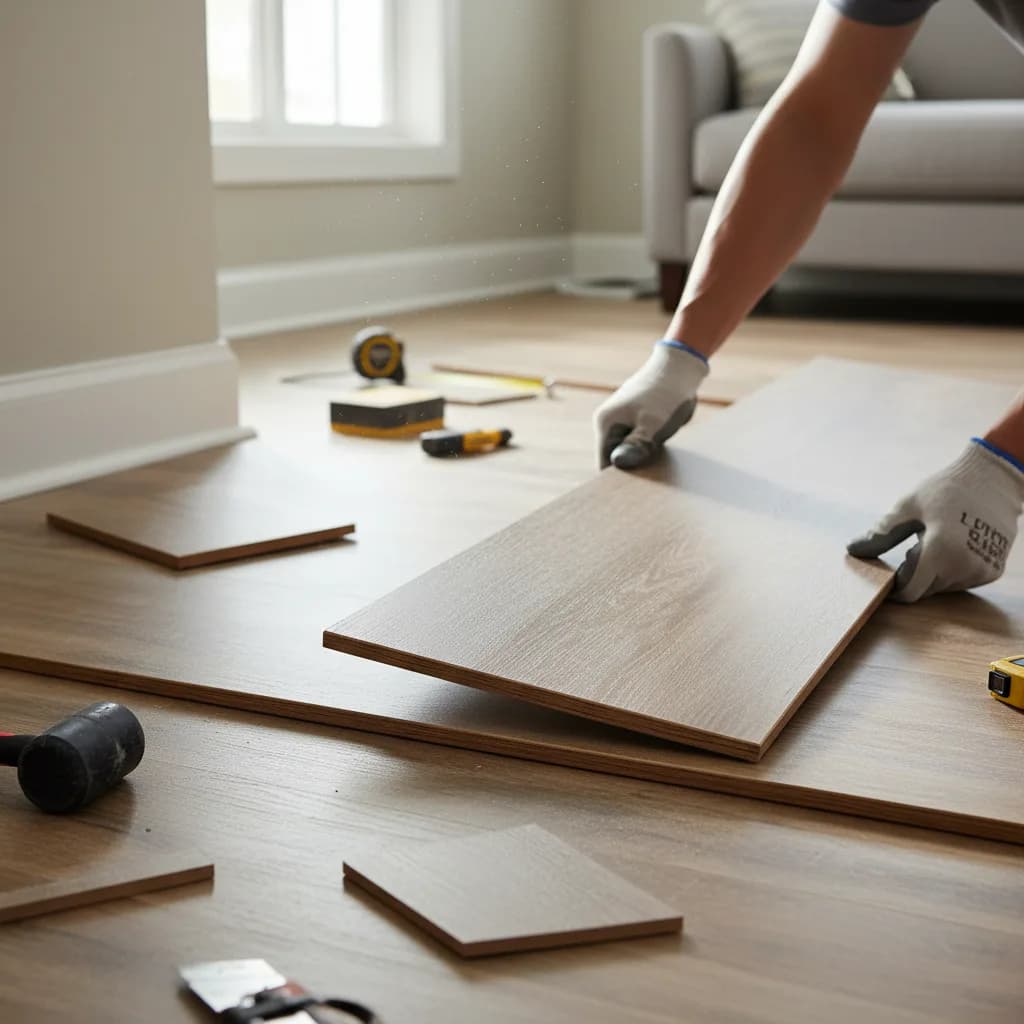 Installer's hands fitting luxury vinyl plank (LVT) flooring in a residential interior with offcuts visible, the increasingly popular alternative to carpet in UK rentals