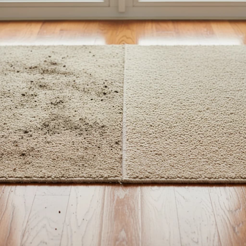Side-by-side comparison of a stained dirty carpet sample and a freshly cleaned section of the same carpet, the decision landlords face every void: clean or replace