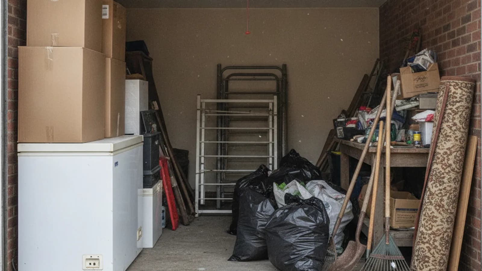 Cluttered British garage full of boxes, a chest freezer, a rolled carpet and bagged items waiting to be cleared
