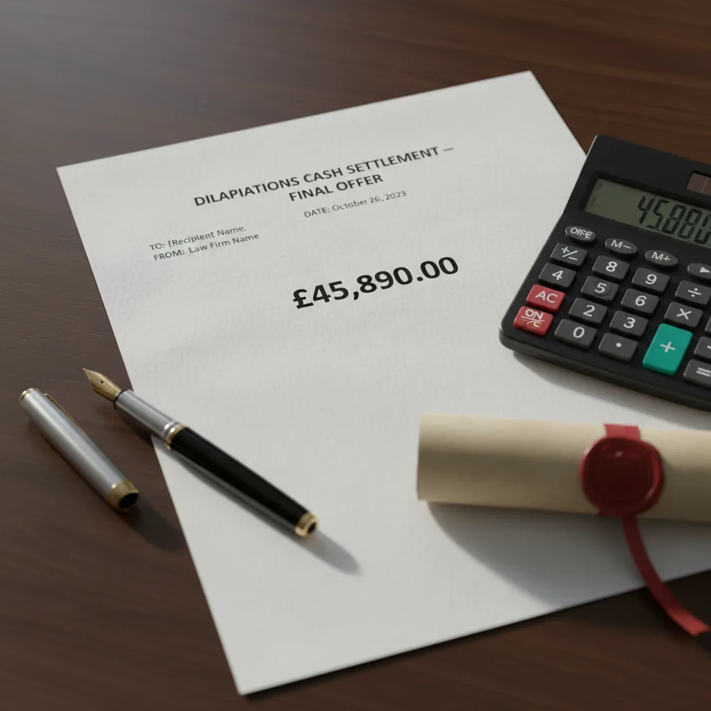 Dilapidations cash settlement letter on a desk with a fountain pen, calculator showing a five-figure number, and a property document, the alternative to physical works