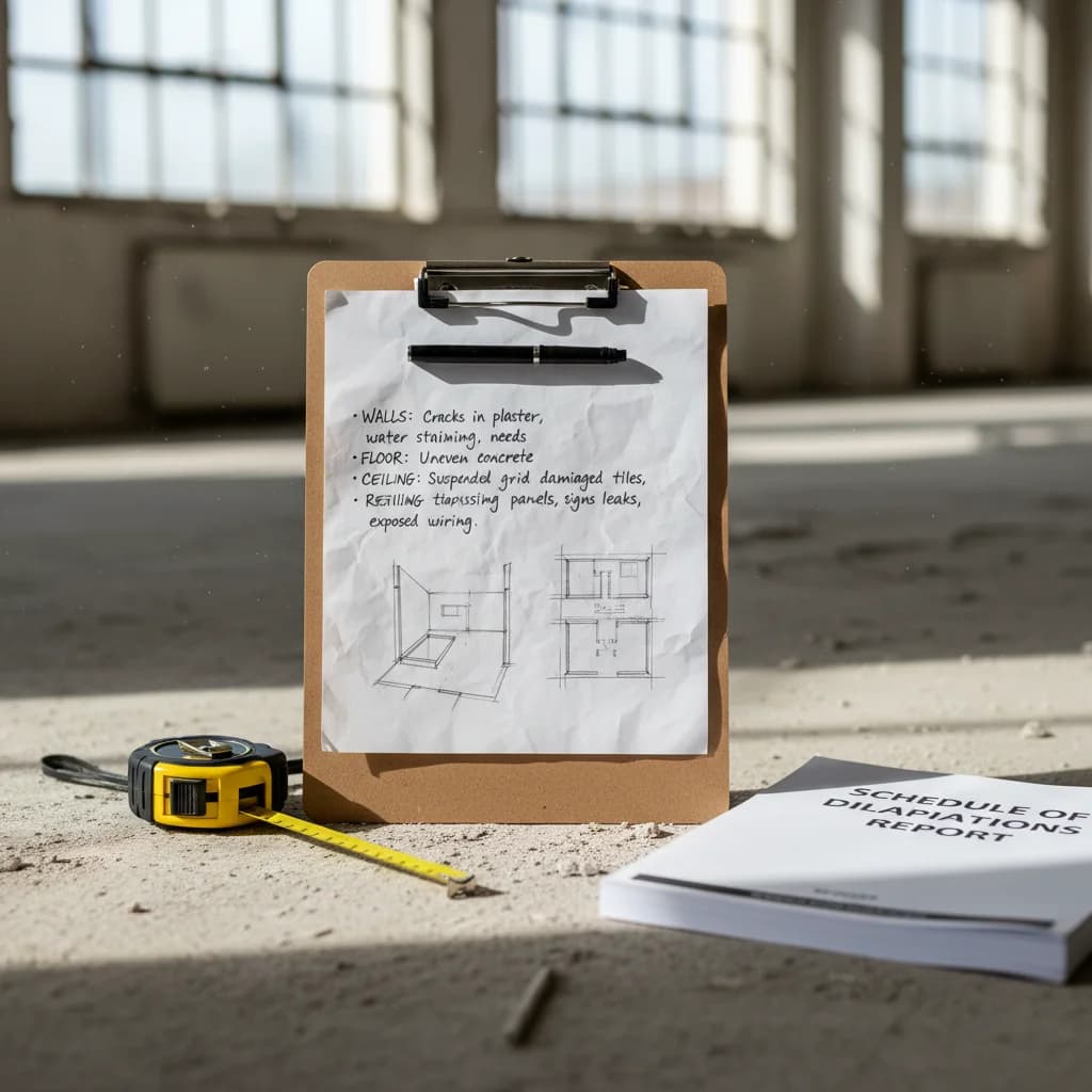 Building surveyor's clipboard with handwritten condition notes resting in a stripped-out commercial unit alongside a tape measure and a folded schedule of dilapidations report