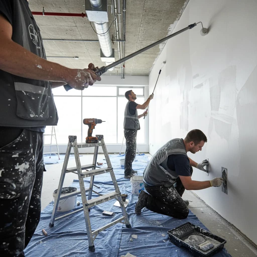 Contractors painting and patching the interior of a commercial unit with rollers, dust sheets and a cordless drill, the typical dilapidations works that follow a schedule