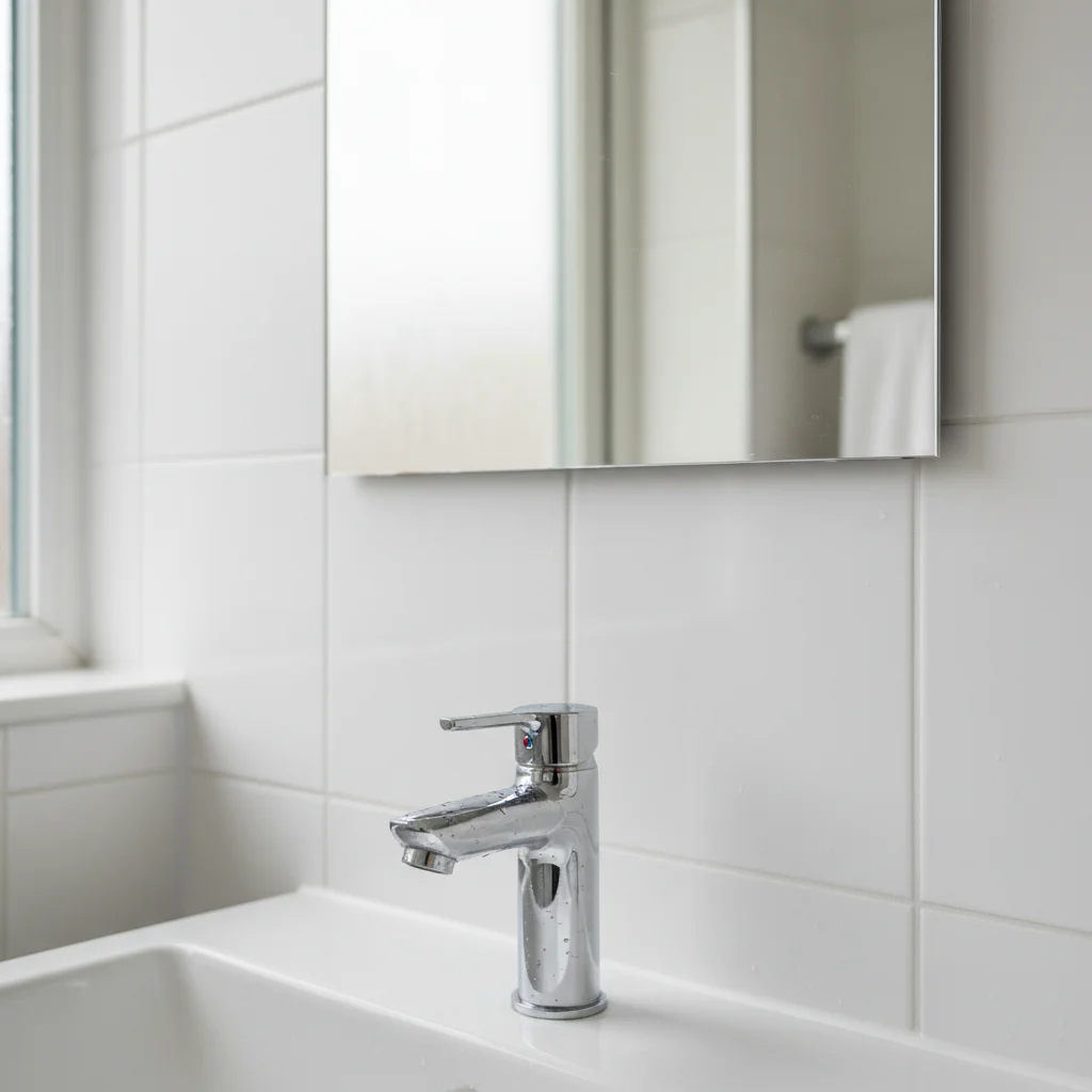 Freshly cleaned UK rental bathroom with gleaming chrome tap, polished mirror, sparkling white tiles and grout, the limescale-and-mould-free finish inventory clerks expect