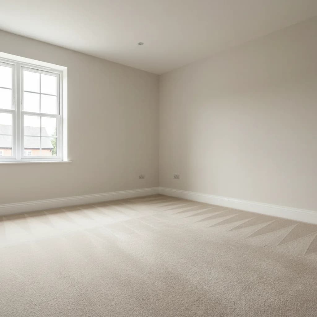 Freshly cleaned empty UK rental bedroom or living room with vacuumed light carpet, dusted skirting boards, and soft sunlight through a window