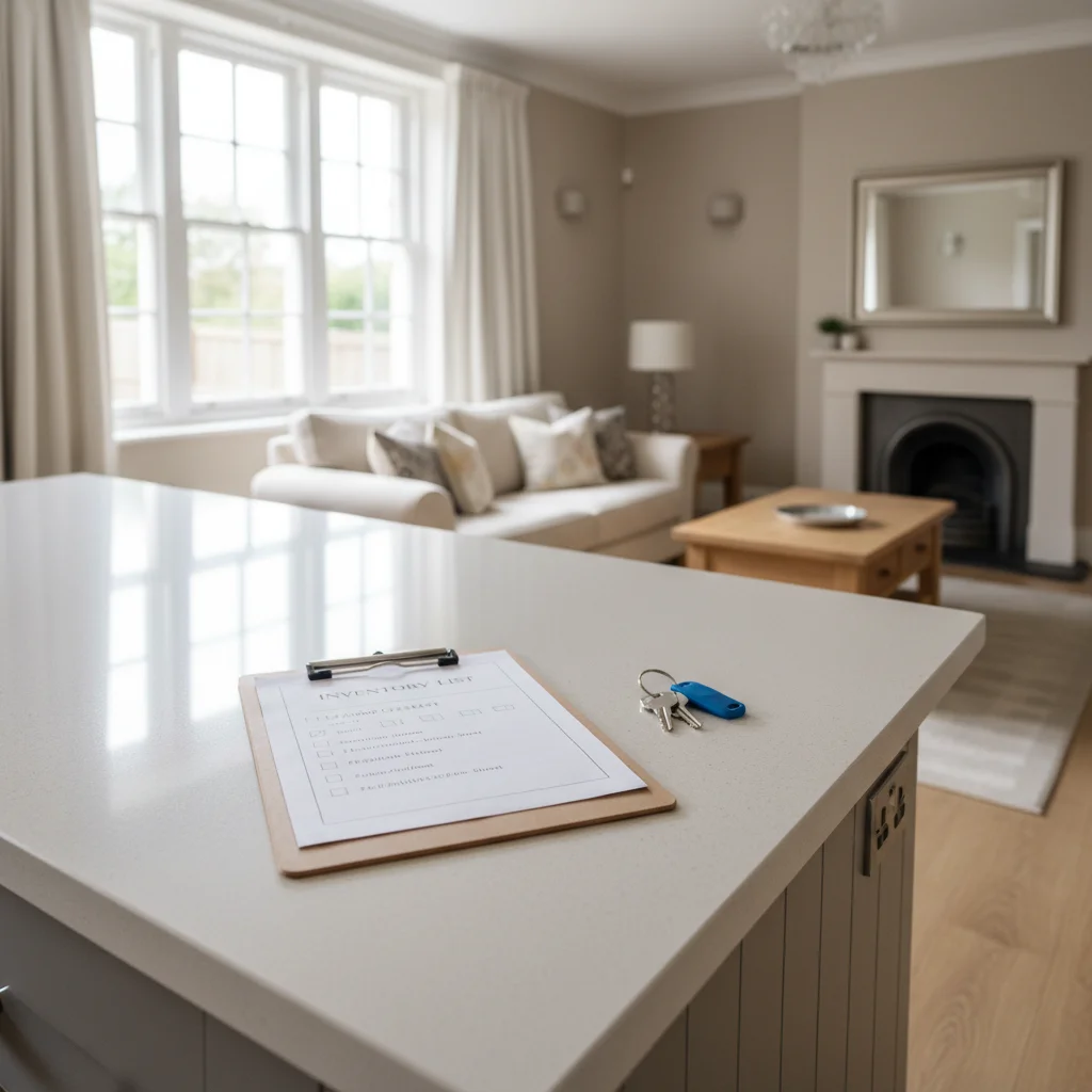 Inventory clipboard, A4 checklist and keys laid out on a freshly cleaned UK rental kitchen worktop, the standard a proper end of tenancy clean has to satisfy