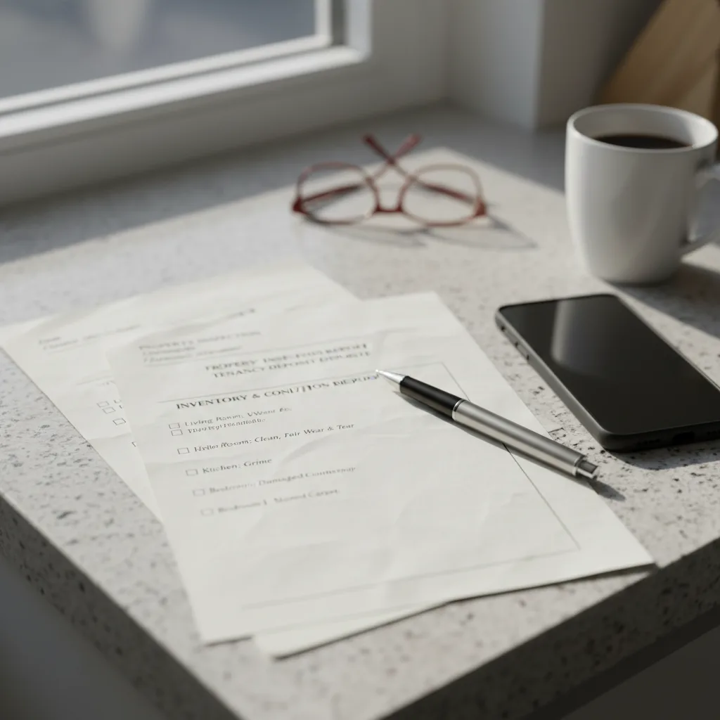 Dated inventory clerk inspection report on a kitchen worktop with a smartphone and a pen, the documentation that drives a deposit dispute when a clean falls short