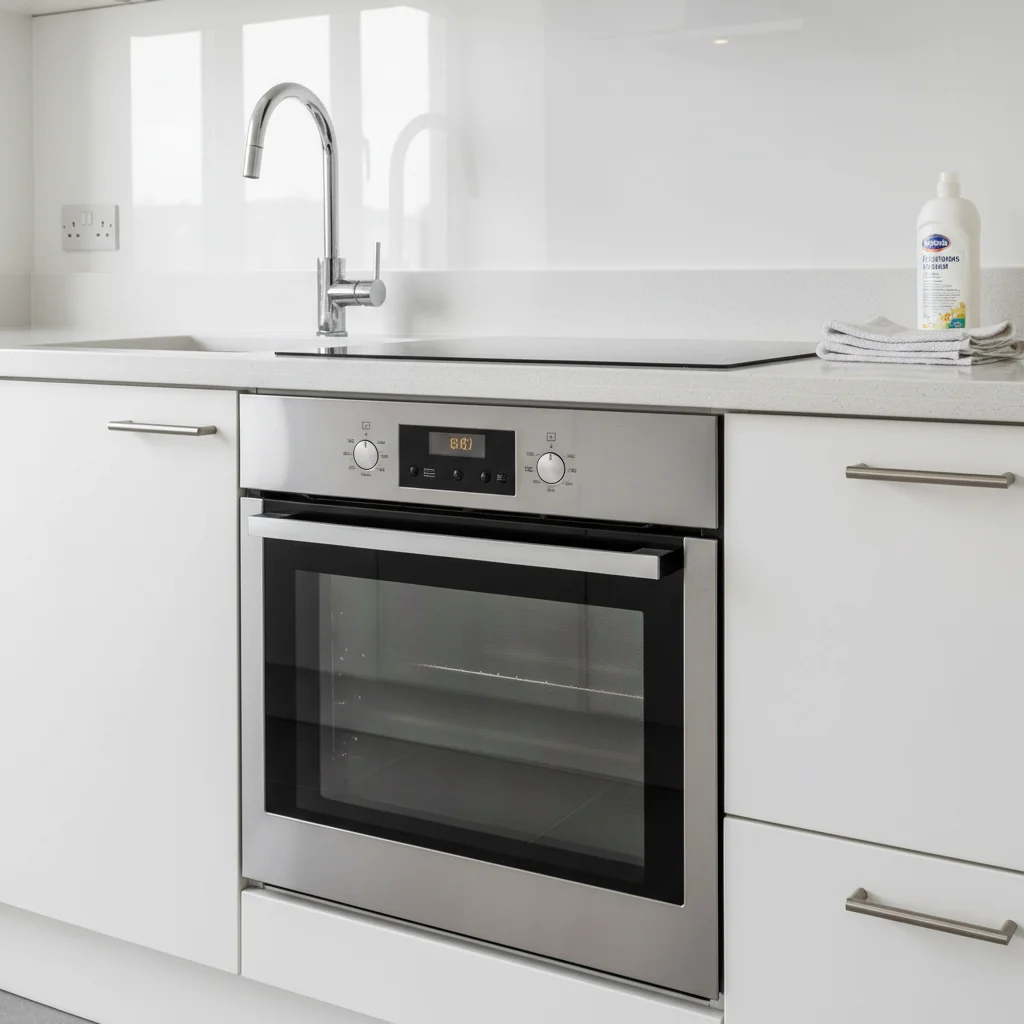 Freshly cleaned UK rental kitchen with gleaming worktops, polished tap, sparkling oven door reflecting daylight, the standard inventory clerks check first