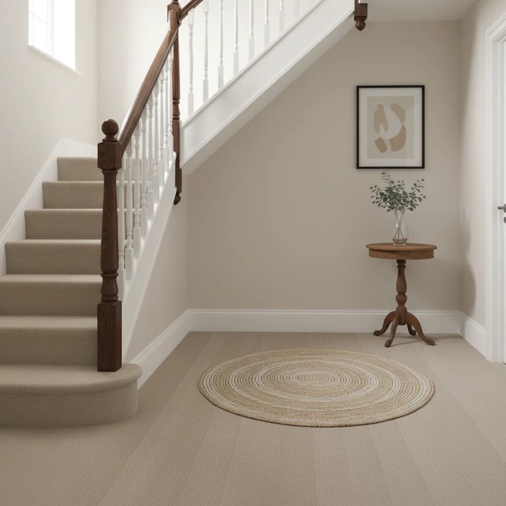 Freshly cleaned UK home hallway and stairs with vacuumed carpet, polished banister, and a neutral wall colour