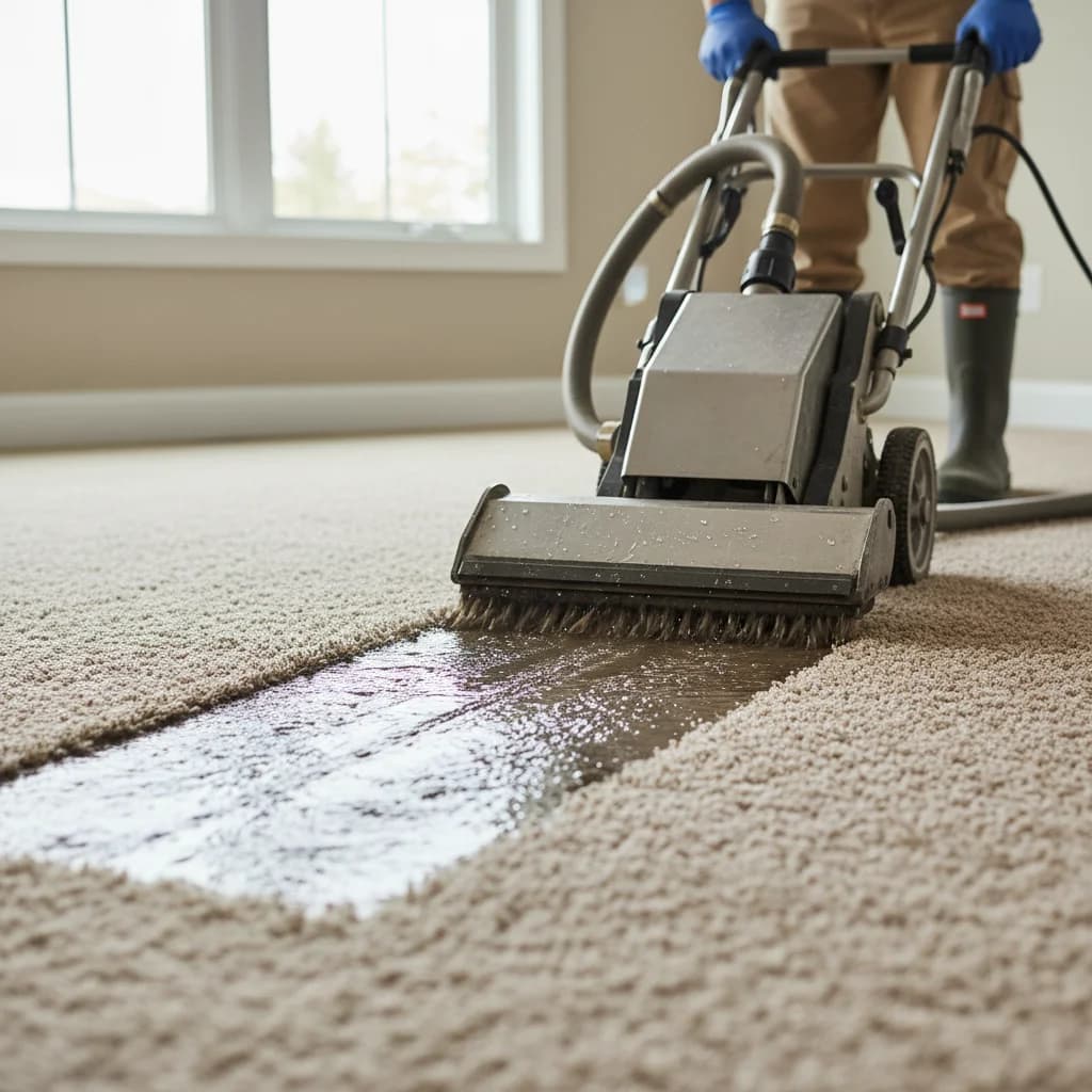 Professional carpet cleaning machine running across a beige residential carpet with a visible clean trail, the hot-water extraction equipment most general cleaners don't carry
