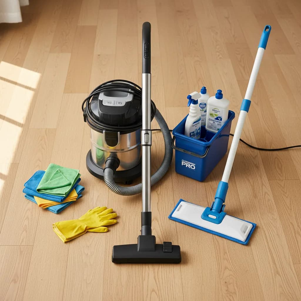 Professional cleaning equipment laid out on a wooden floor, commercial vacuum, steam mop, caddy of cleaning products, suggesting the kit that drives a proper EOT clean price