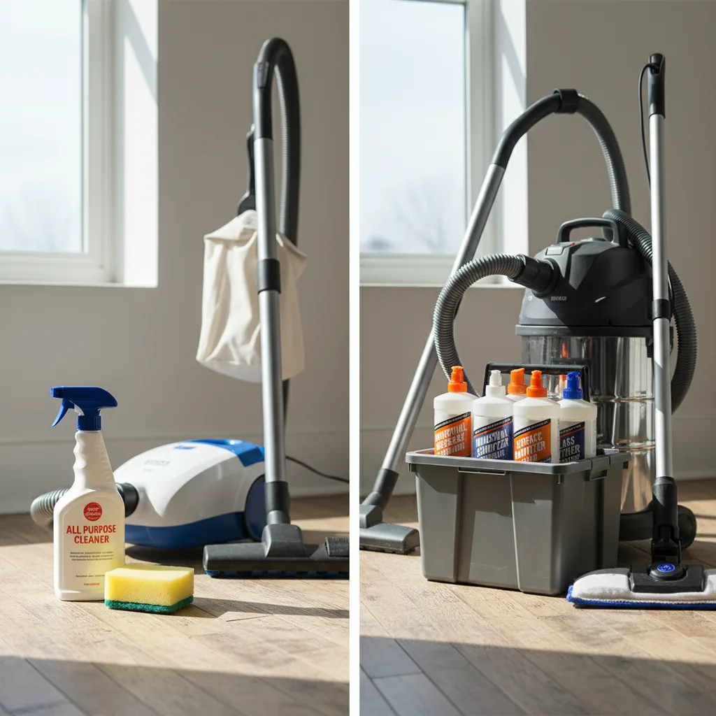 Side-by-side cleaning kits on a wooden floor, basic domestic vacuum and spray bottle on one side, professional caddy and commercial vacuum on the other