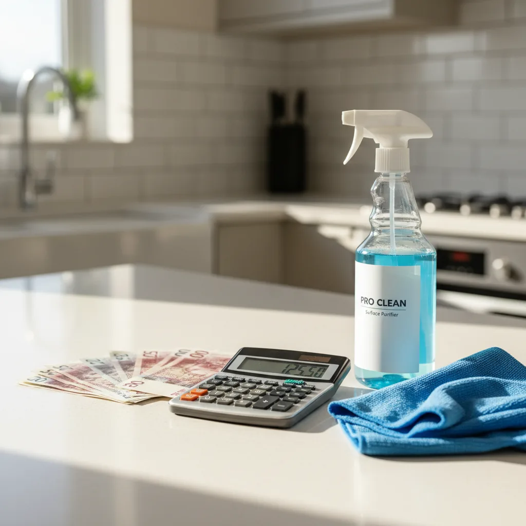 Clean kitchen worktop with British pound notes, a calculator and cleaning supplies, the real cost of a professional end of tenancy clean in 2026
