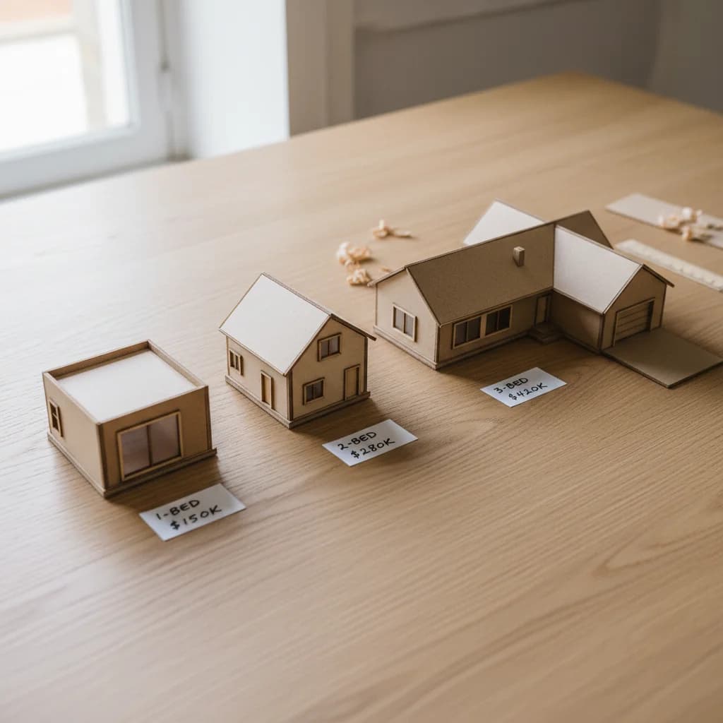 Three small architectural model houses lined up on a desk with price tags, representing the EOT cleaning cost progression from 1-bed to 3-bed property