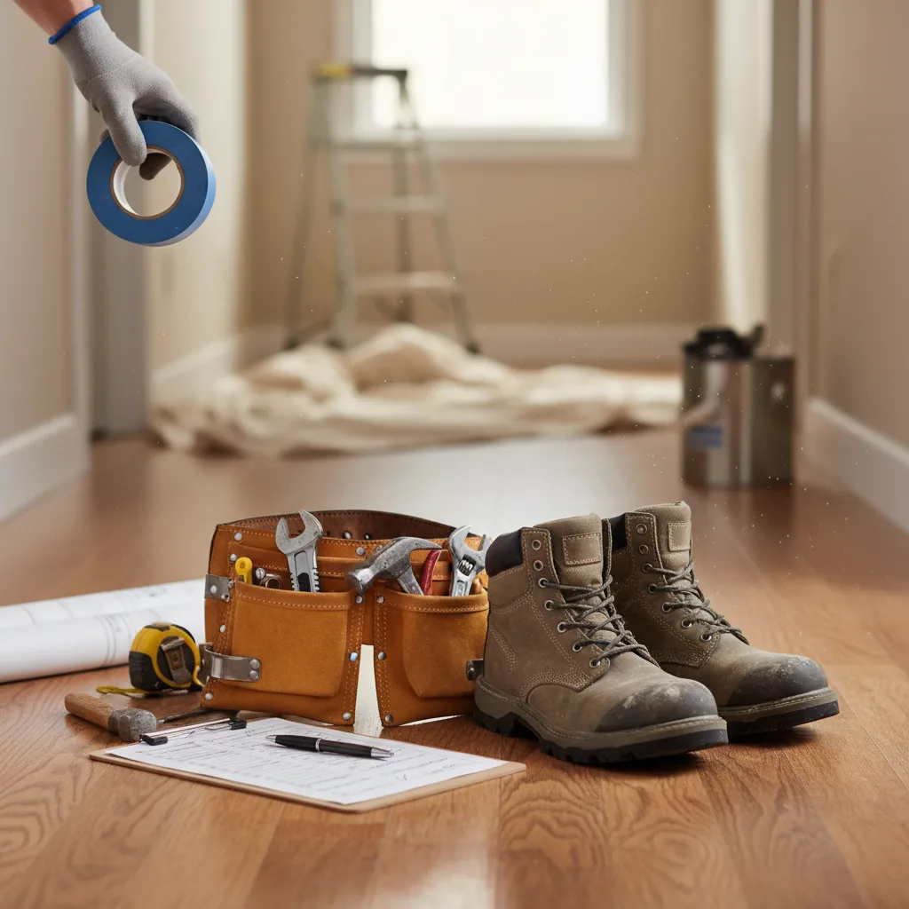 Tradesperson's toolbox, work boots and a clipboard with a checklist on a hardwood hallway floor, suggesting the practical steps a landlord takes to get a property to EPC band C