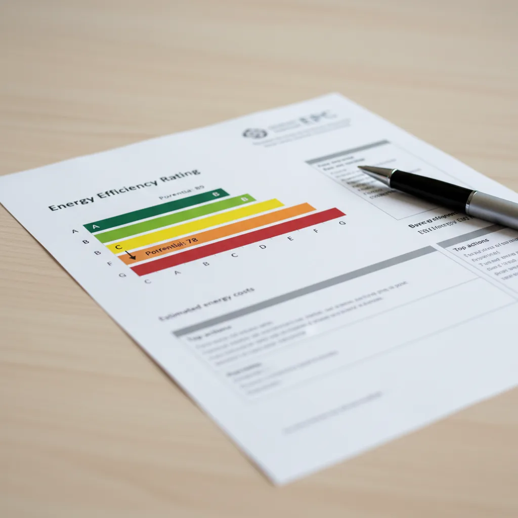 Close-up of a UK Energy Performance Certificate showing the colour-banded A to G energy efficiency rating scale