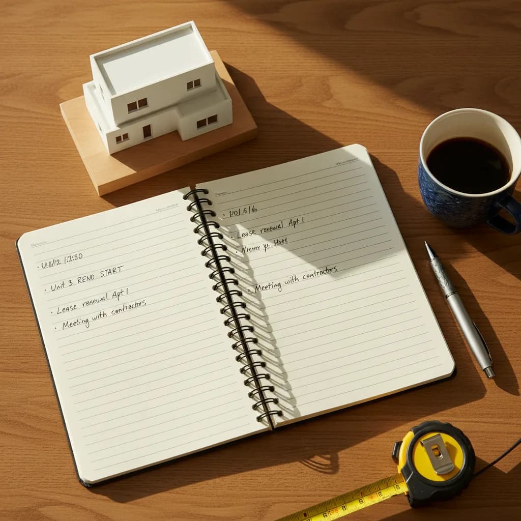 Landlord's planning desk with an architectural model house and an open portfolio notebook, mapping out the staged EPC C compliance deadlines for 2030 and 2035