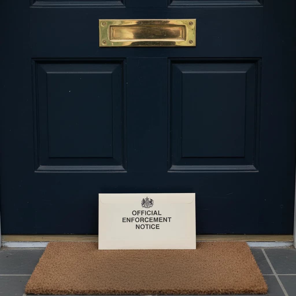 UK navy front door with a brass letterbox and an official enforcement notice envelope on the doormat, the kind of local authority delivery a non-compliant landlord can receive from 2030 onwards