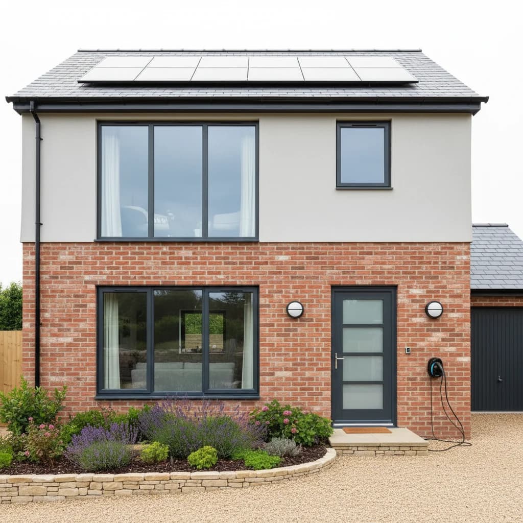 Modern energy-efficient British rental home with solar panels and double-glazed windows, the kind of property that meets EPC band C under the 2030 minimum energy efficiency standard