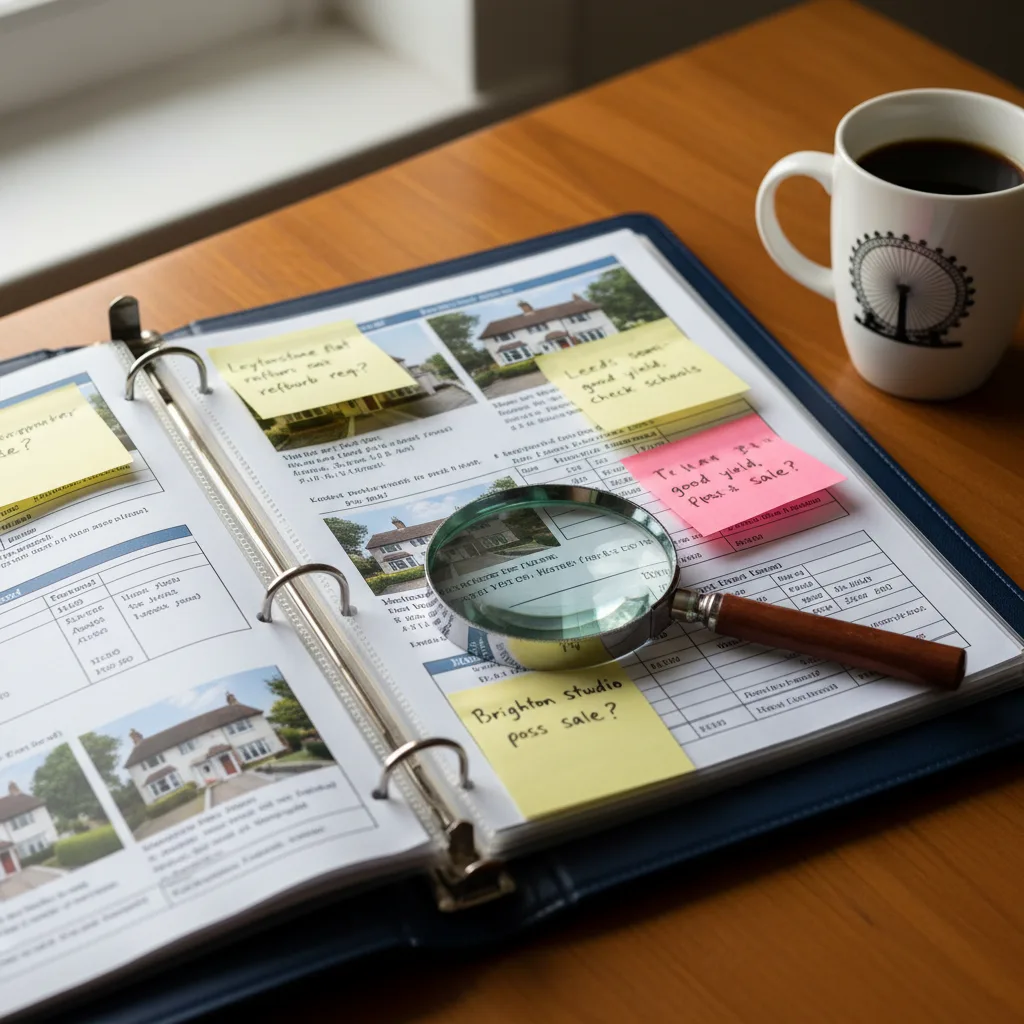 Open property portfolio binder with house thumbnails, sticky notes and a magnifying glass on a wooden desk, the kind of audit a landlord runs to find which properties need EPC improvements before 2030
