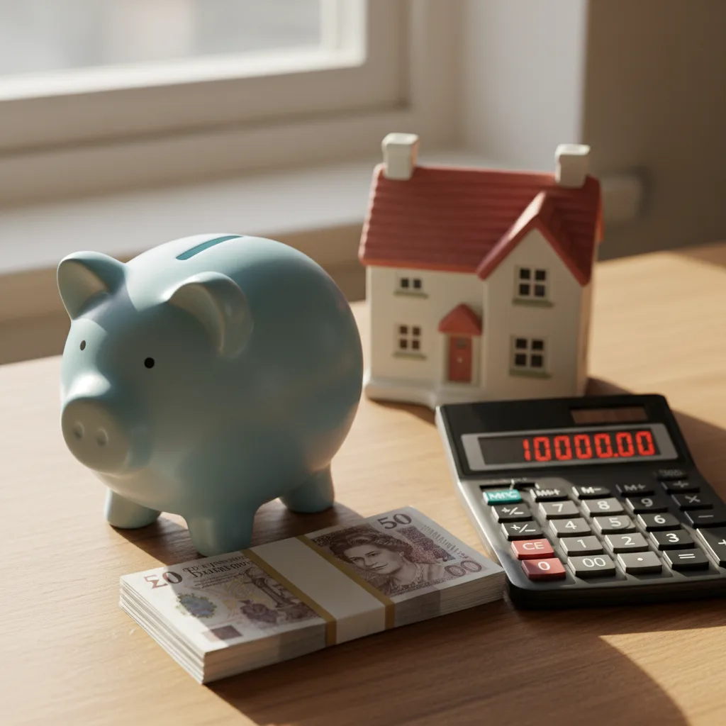Piggy bank with stacked British 50-pound notes, calculator showing 10,000 and a small house figurine, illustrating the £10,000 per-property EPC improvement spending cap
