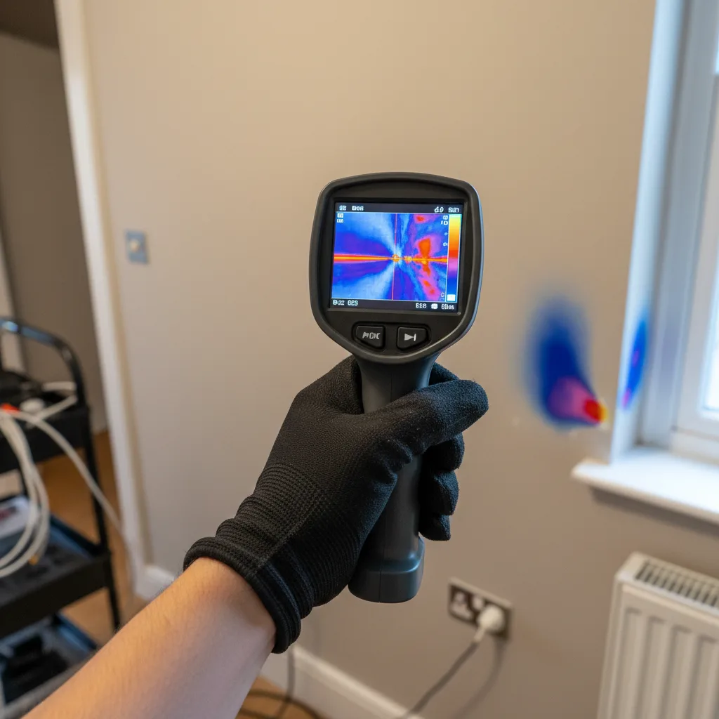Gloved hand holding a thermal imaging camera at a residential interior wall, the kind of survey methodology HEM uses to assess building-fabric energy performance in more detail than SAP 2012