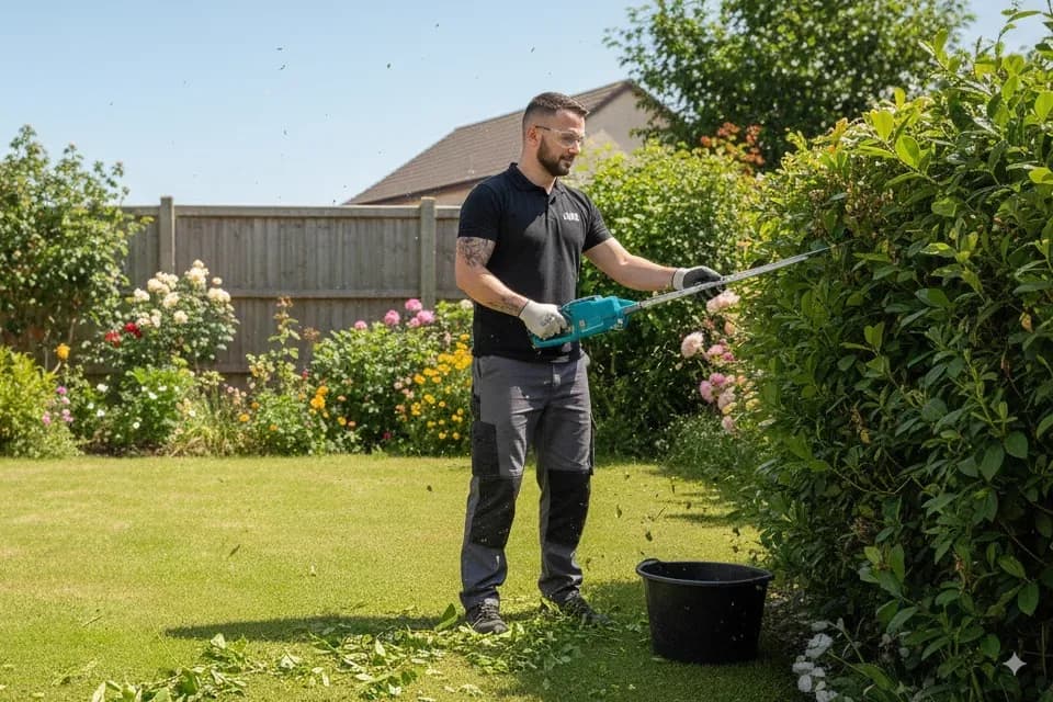 LWR Group gardener trimming a garden hedge with a powered hedge trimmer in a Lincoln back garden, clippings collected in a tub on the lawn