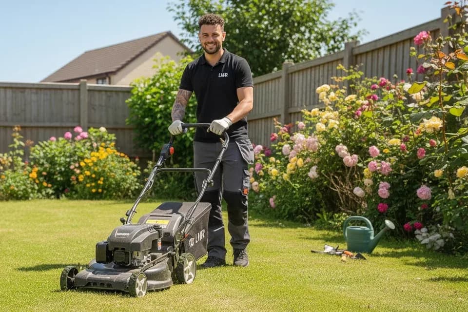 LWR Group gardener mowing a healthy green lawn in a Lincoln back garden after autumn lawn renovation