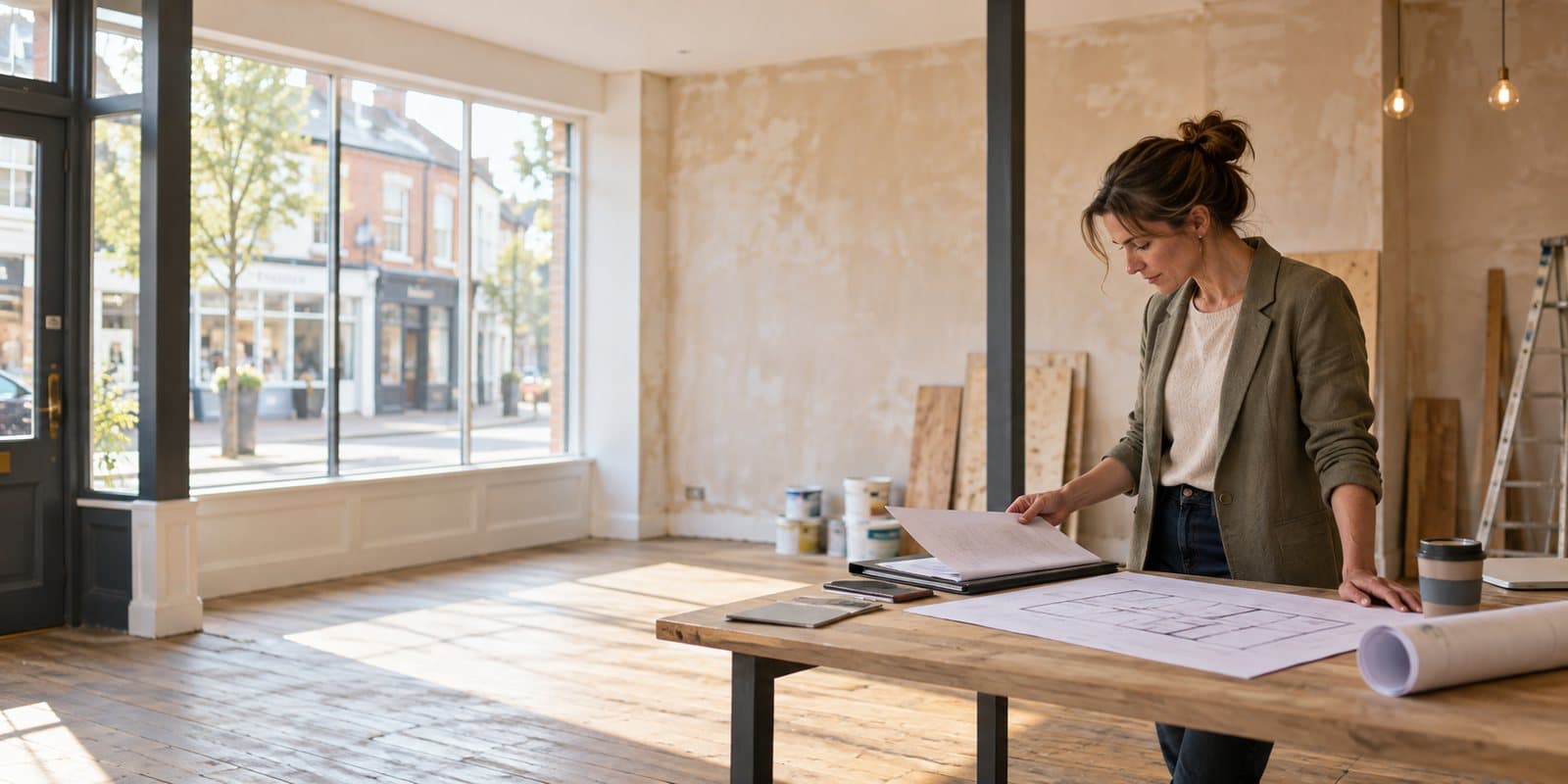 Reviewing lease plans on a table in an empty shop unit