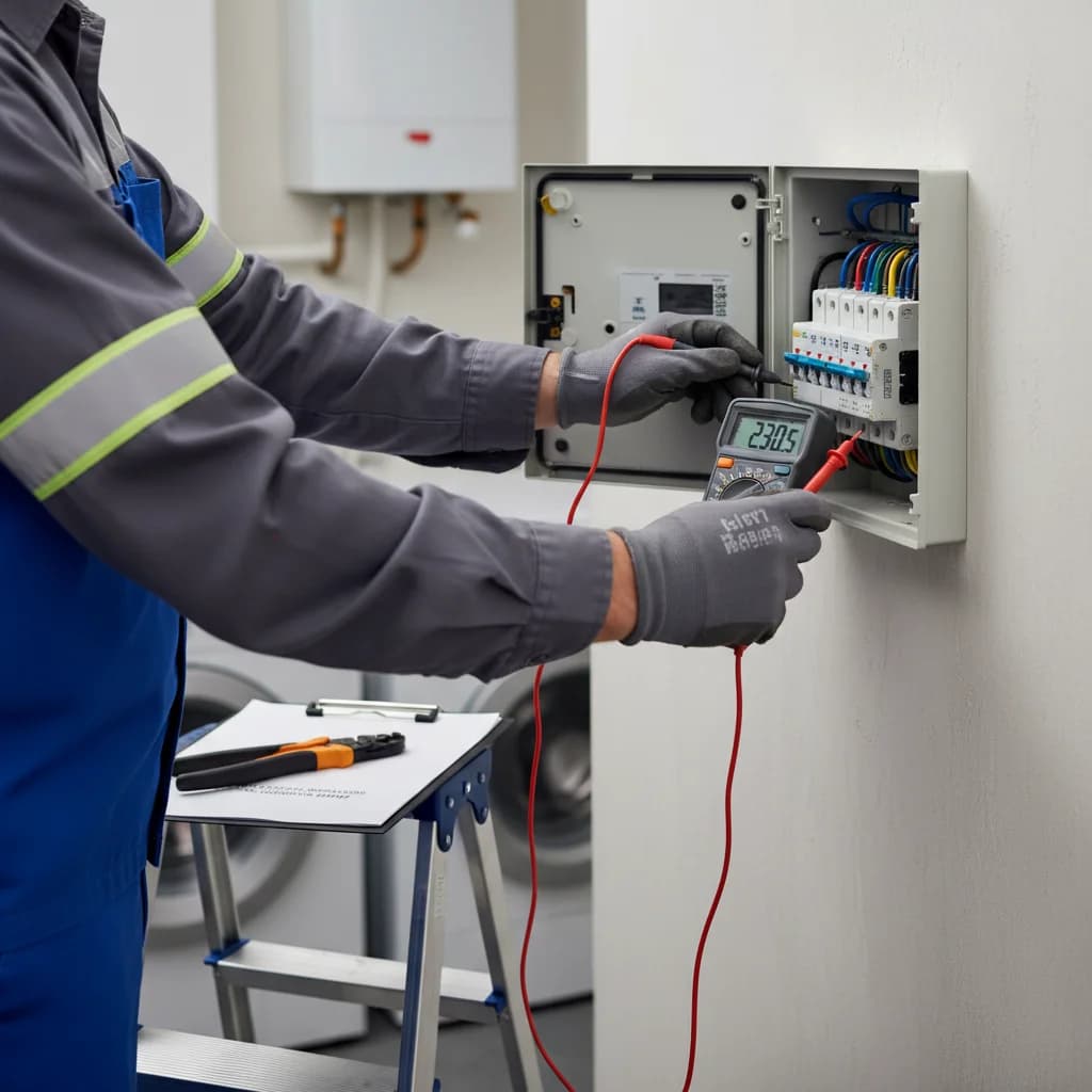 Electrician with a multimeter testing a residential consumer unit, the EICR check every UK landlord must arrange every 5 years