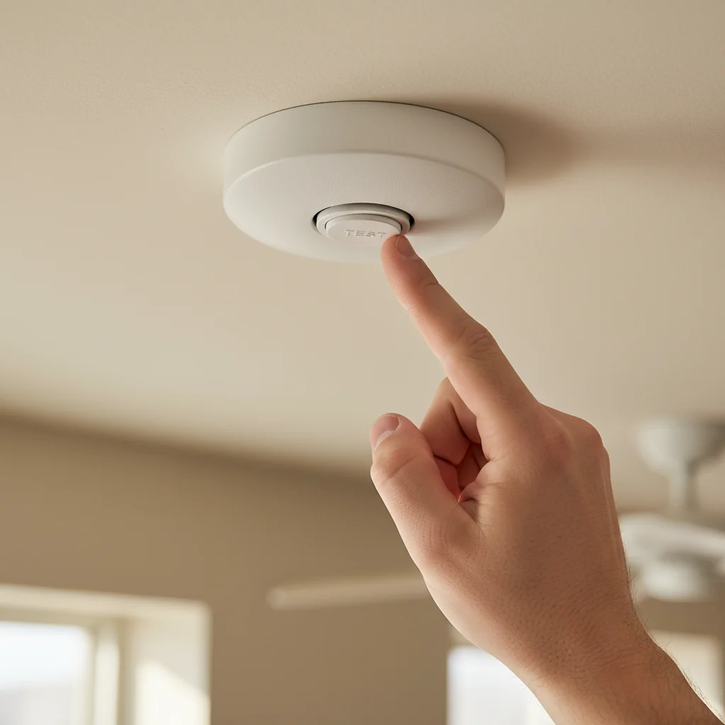 Hand testing a ceiling-mounted smoke detector in a UK residential interior, the smoke + carbon monoxide alarm requirements every landlord must meet