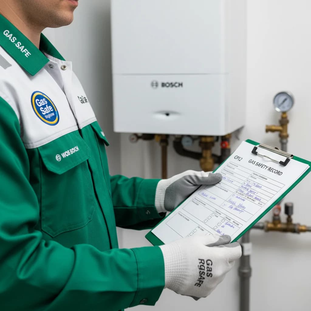 Gas Safe registered engineer holding a CP12 Gas Safety Record clipboard next to a residential boiler, the annual safety check every UK landlord must arrange