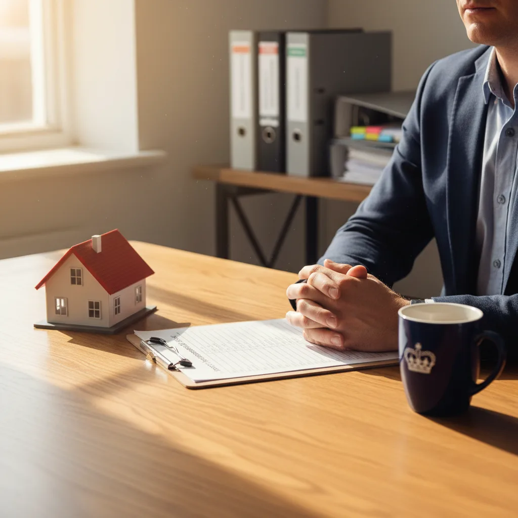 UK landlord's desk with a clipboard checklist, a small architectural model house, and tabbed property files, the operational compliance file every landlord needs in 2026
