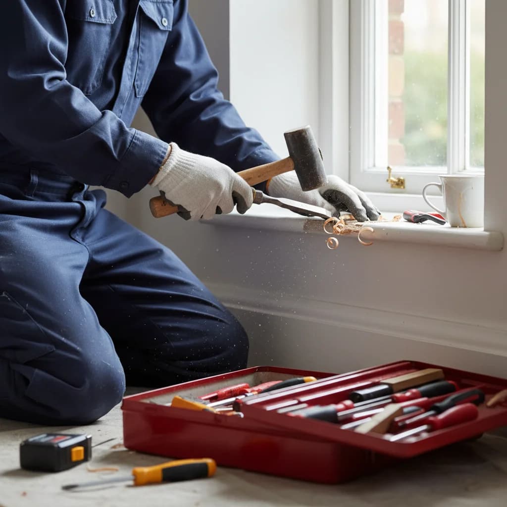 Tradesperson repairing a window frame in a UK residential interior with toolbox visible, the kind of routine repair Section 11 of the Landlord and Tenant Act 1985 makes the landlord's responsibility