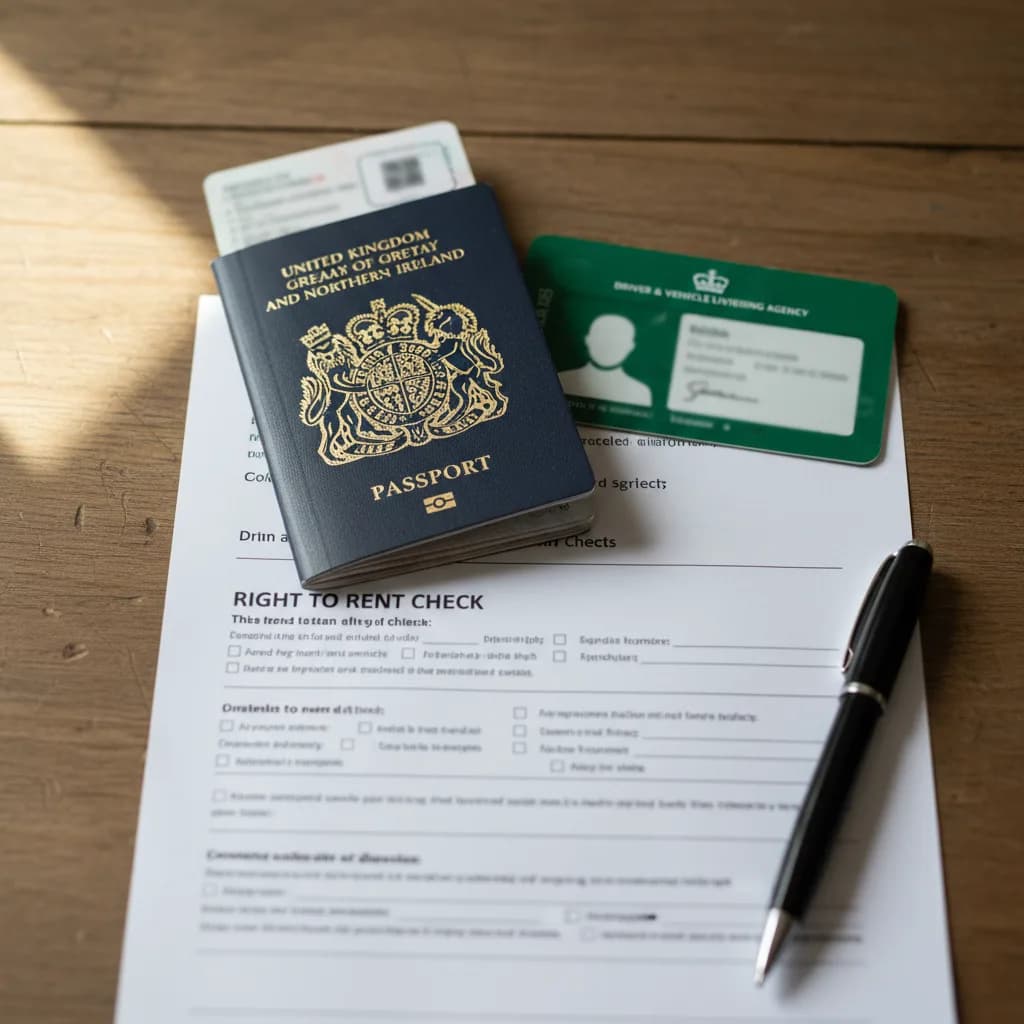 Top-down view of a UK passport, driving licence, and a printed Right to Rent check form on a desk, the immigration-status check every UK landlord must run before a tenancy starts