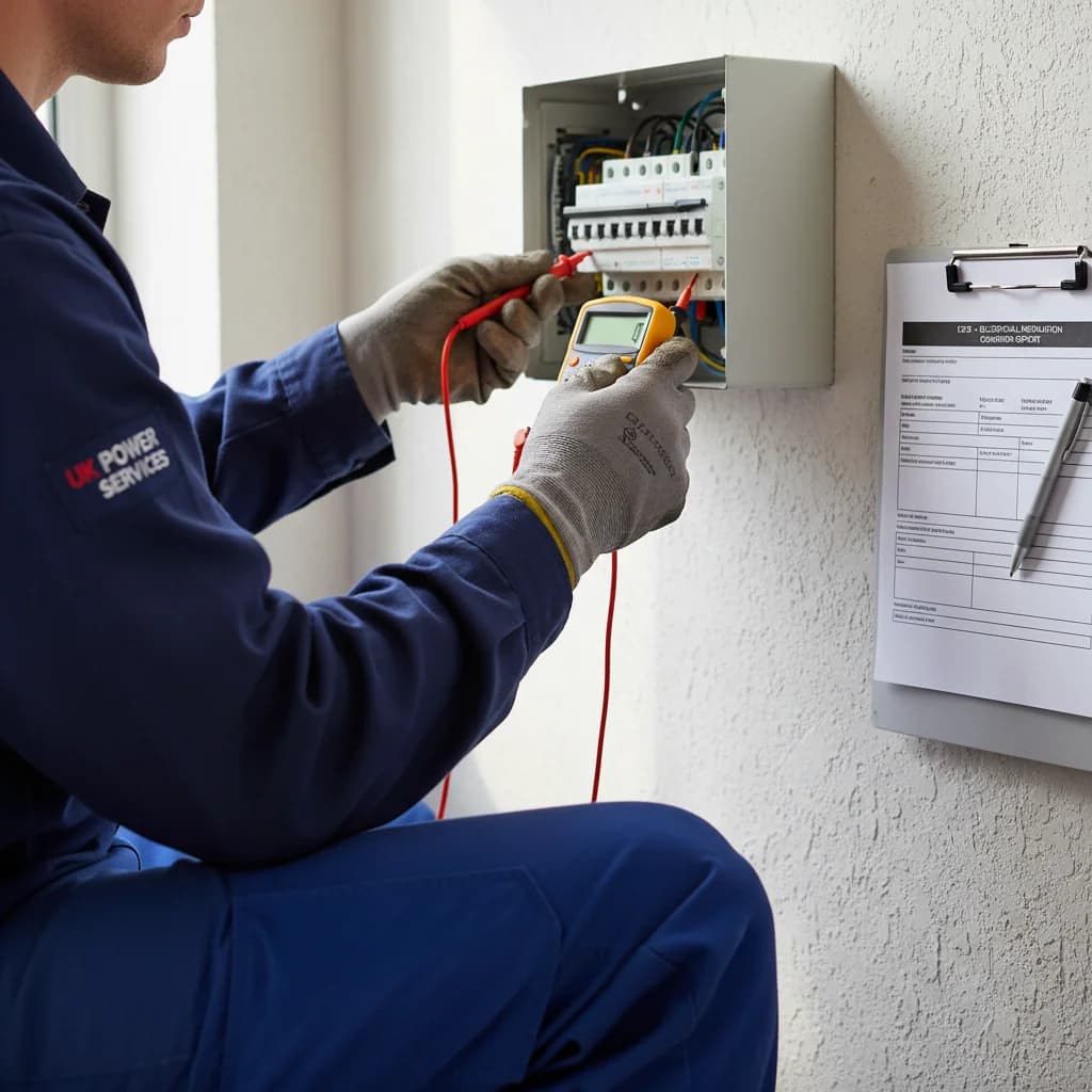 Electrician performing a continuity test on a residential consumer unit with multimeter and leads, the 5-yearly EICR inspection required for every English rental property