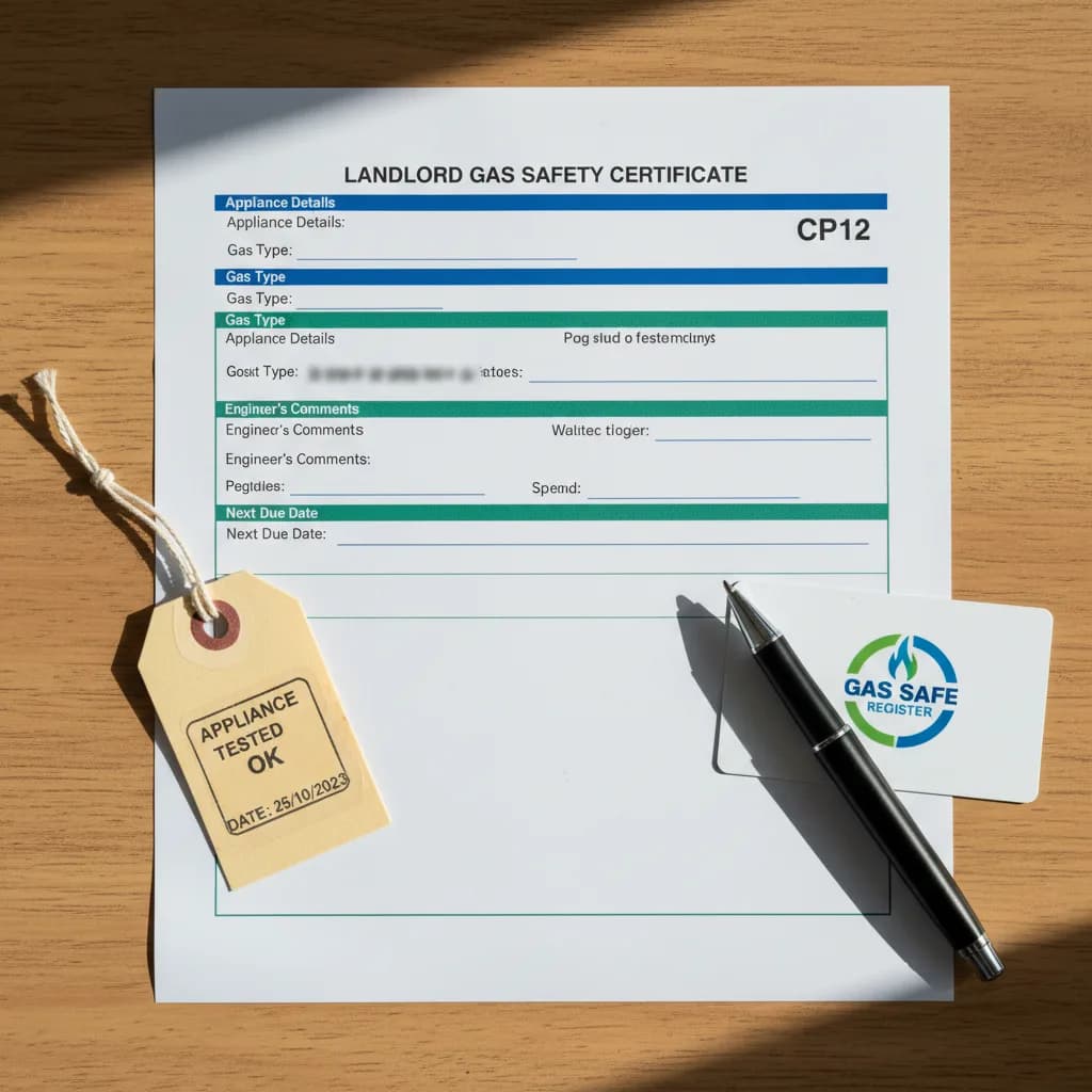 Completed CP12 Gas Safety Record on a desk with a stamped tag and a Gas Safe registered logo card, the annual document every landlord with gas appliances must hold