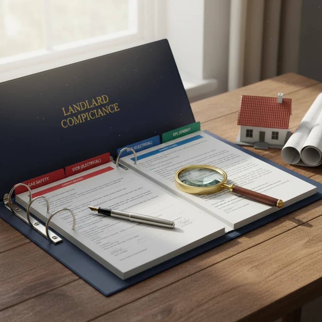 Landlord's compliance binder open on a desk showing tabbed Gas Safety, EICR and EPC sections, the live compliance file every UK landlord must maintain