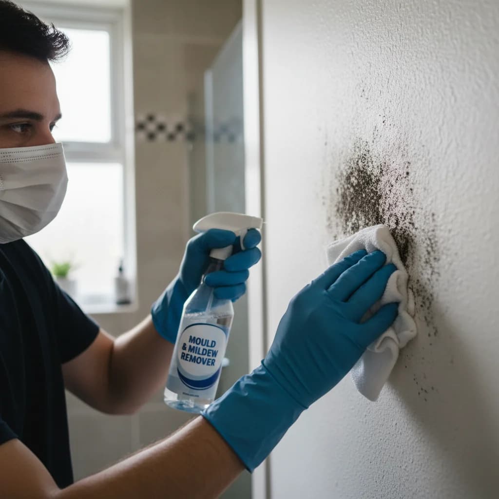 Person in rubber gloves and face mask wiping black mould off a UK residential bathroom wall with cloth and spray, the safe approach to treating household mould