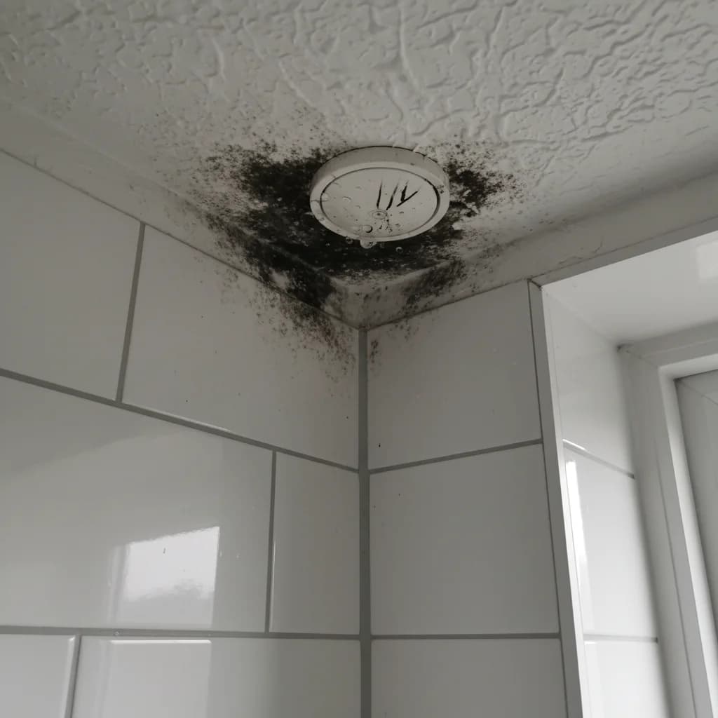 Black mould forming in the corner of a UK bathroom ceiling near the extractor fan, the kind of discovery that triggers the landlord-vs-tenant responsibility question