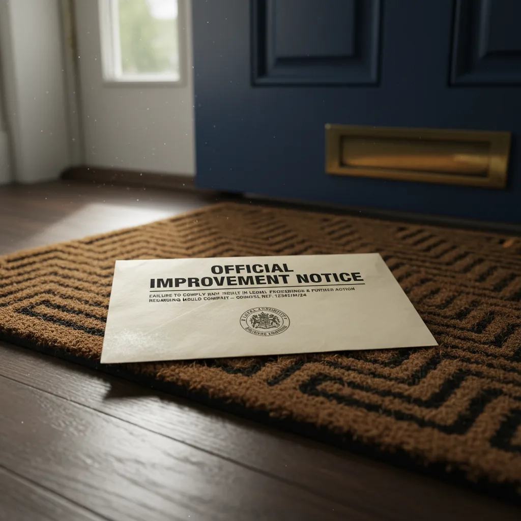 Official improvement notice envelope on a UK doormat just inside a front door, the kind of enforcement landlords receive when they ignore mould complaints