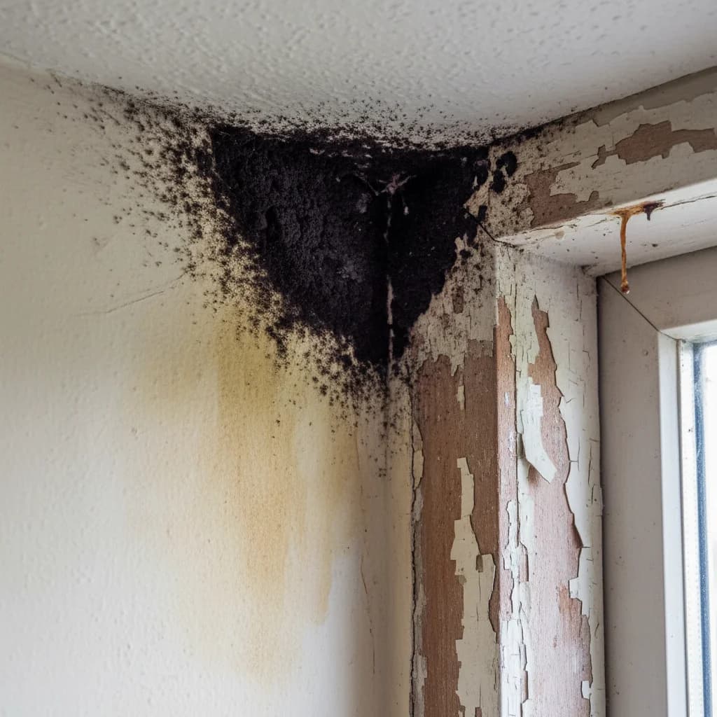 Black mould growing along the corner where a residential wall meets the ceiling near a window with peeling paint and damp staining, a structural defect that makes the landlord responsible