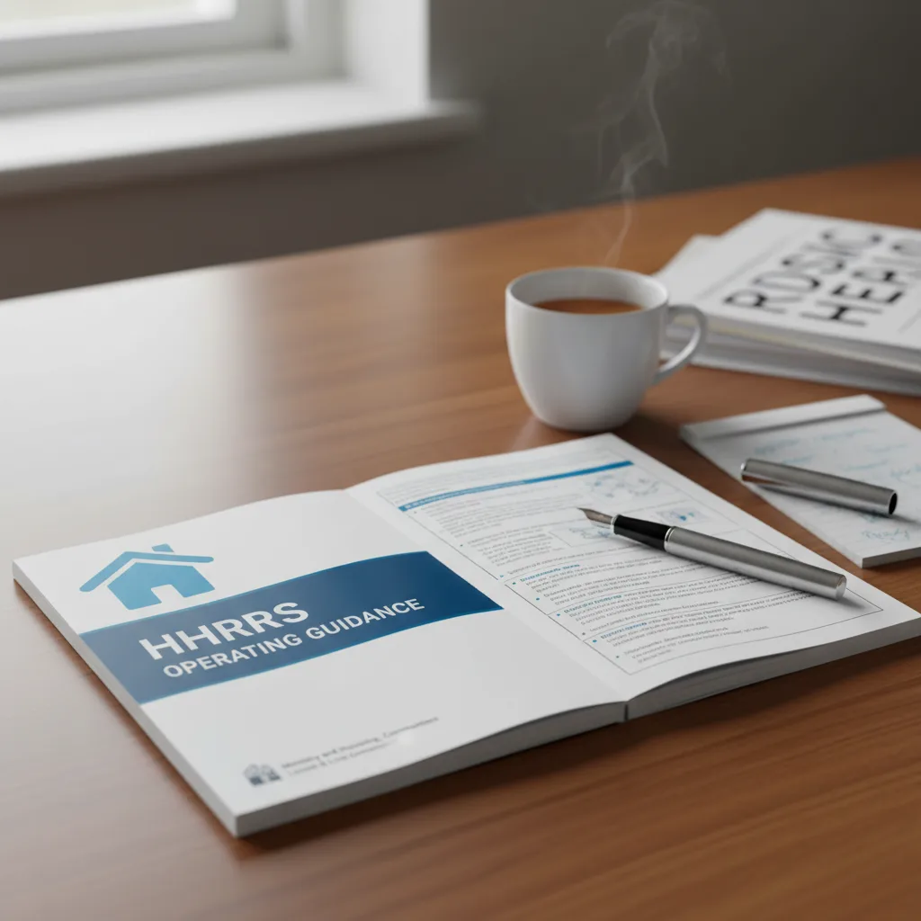 Printed HHSRS guidance booklet open on a desk next to a pen and a notepad, the legislation that governs landlord mould duties