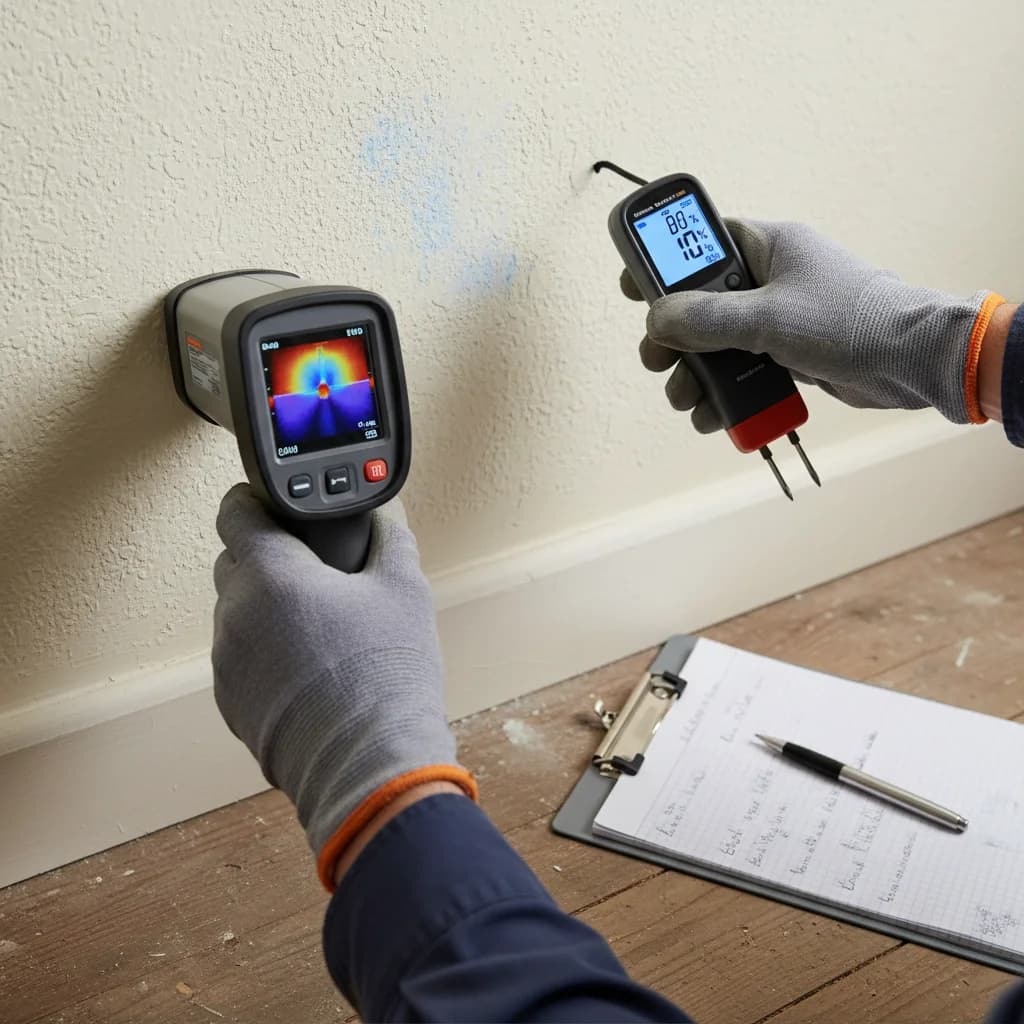 Damp surveyor's hands holding a thermal imaging camera and a moisture meter against a residential wall during an HHSRS-scored inspection
